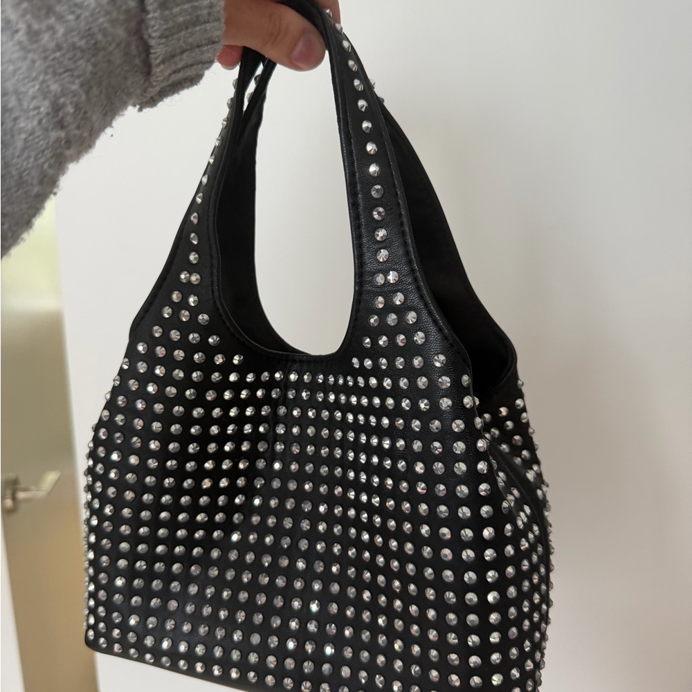 Black Studded Tote Bag - Women's Fashion Handbag - Picture 2 of 4